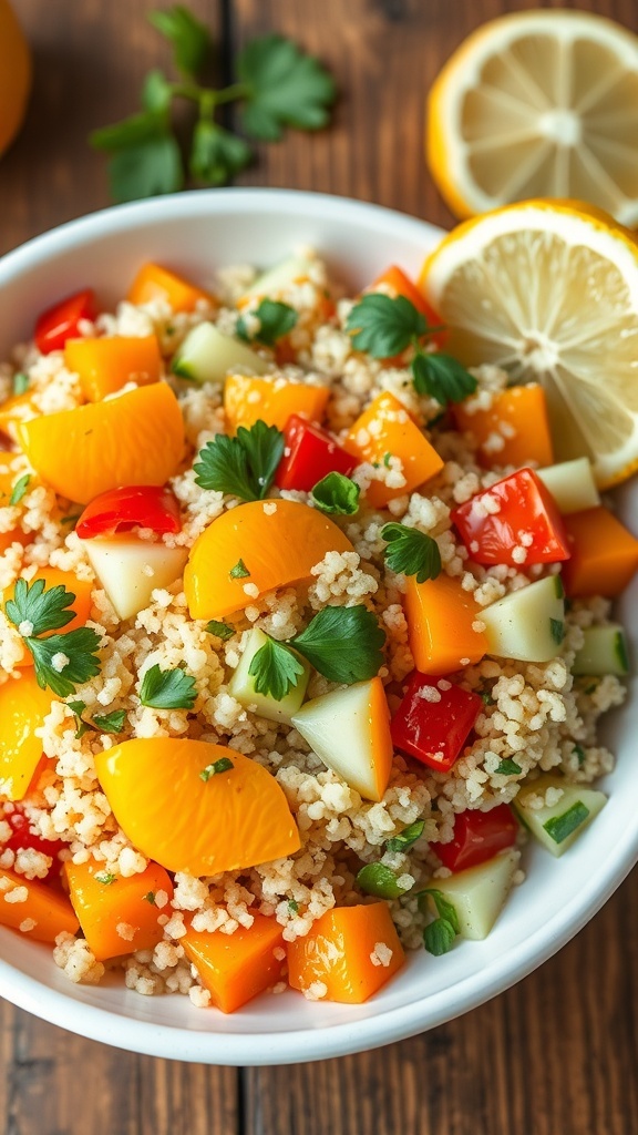 A colorful citrus quinoa salad with orange segments, cucumber, bell pepper, and parsley in a bowl on a wooden table.